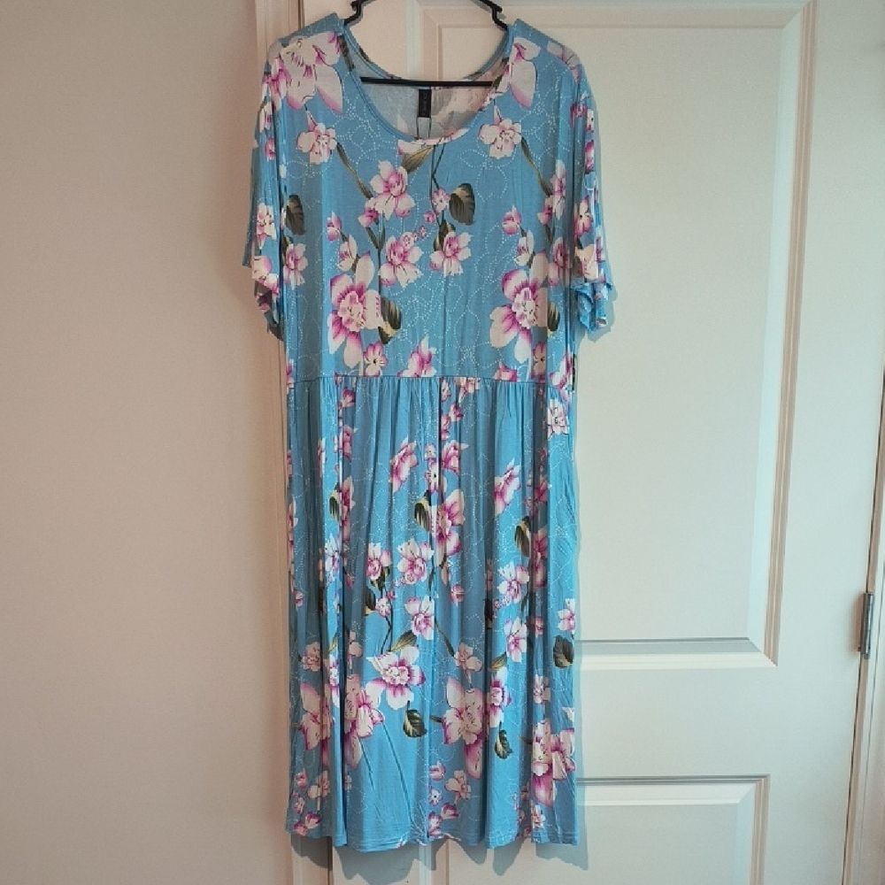 Blue and Pink Floral Crew Neck Midi Dress